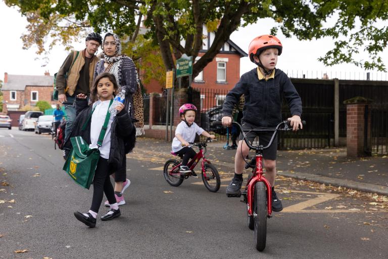 Parents and children leave school walking and cycling