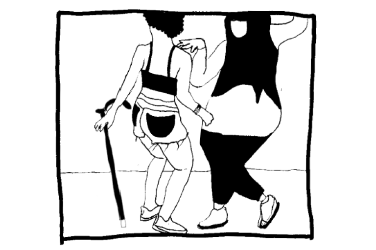 A black and white drawing of two figures dancing. One figure carries a mobility aid.